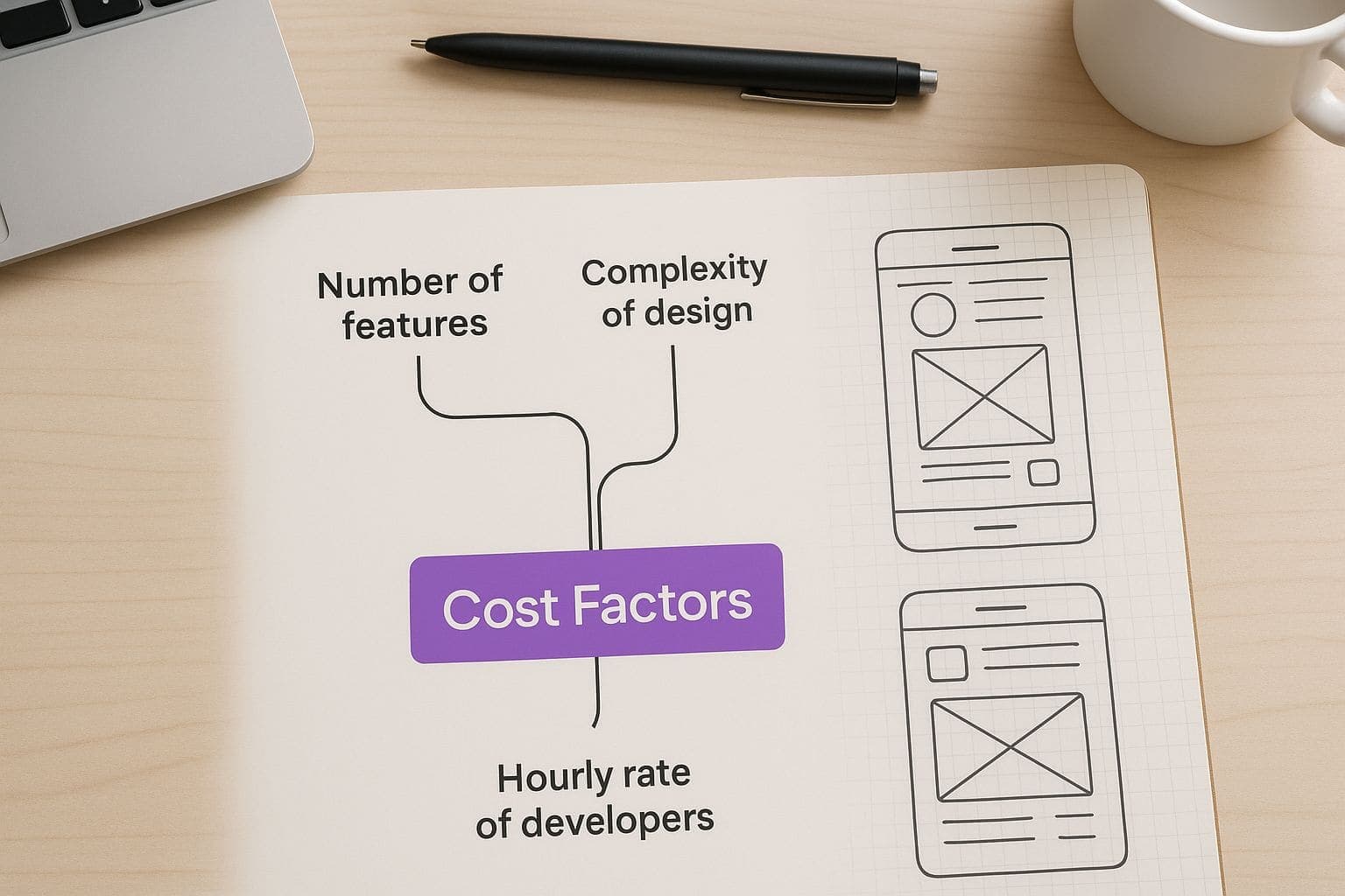Key factors that drive app development costs including complexity, design, platform choice, backend infrastructure, and development team rates